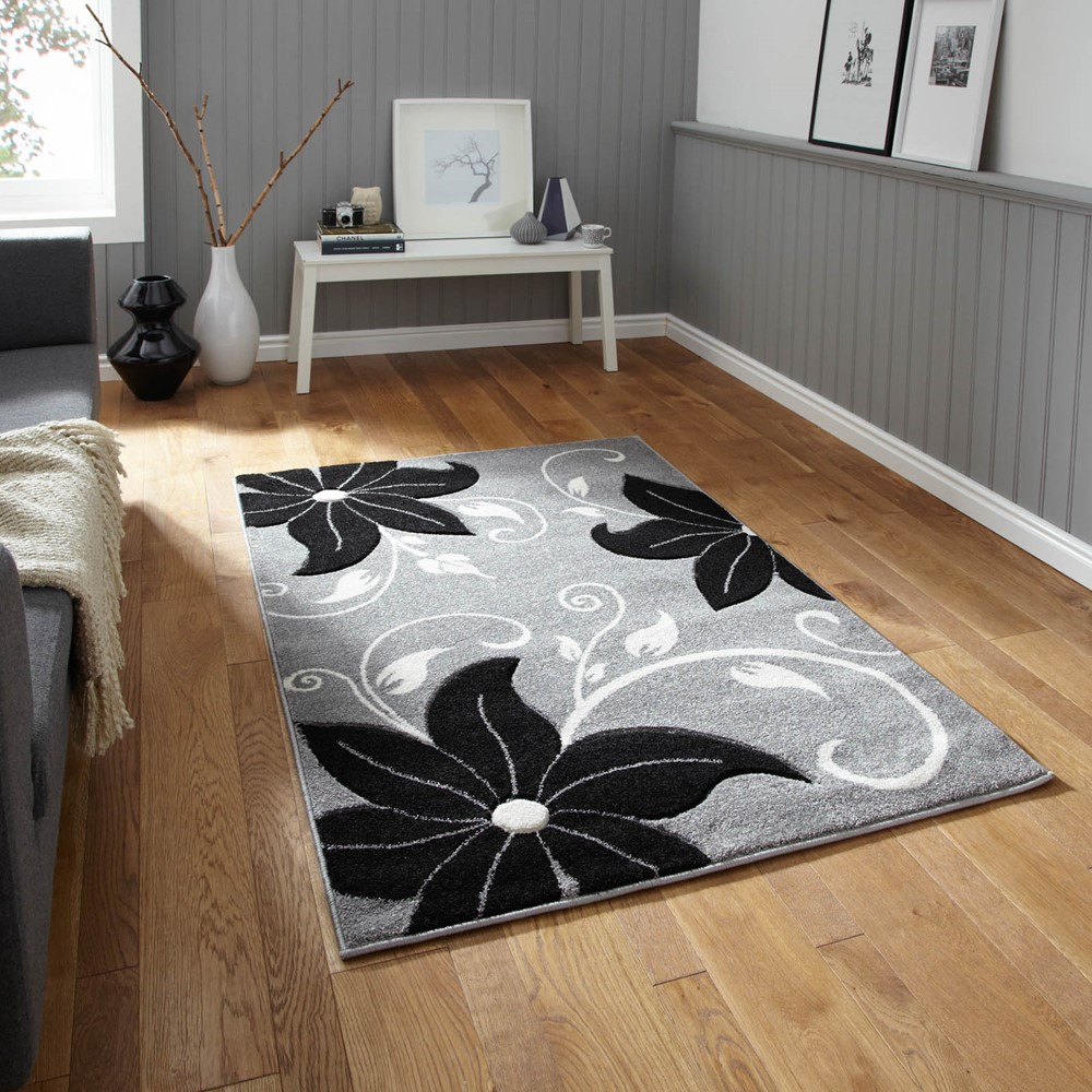 Verona OC15 Hand Carved Rugs in Grey Black